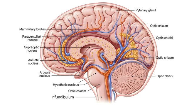Comprehensive sagittal view of the human brain highlighting hypothalamic nuclei, pituitary gland, infundibulum, optic chiasm and tracts, vascular connections, and surrounding limbic structures involve