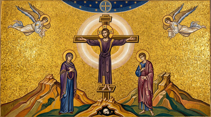 Fototapeta premium Crucifixion of Jesus Christ in byzantine gold mosaic style