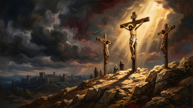 Baroque oil painting of Jesus Christ crucifixion on golgotha hill
