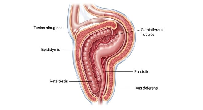 Detailed sectional illustration of the human testis and epididymis showing seminiferous tubules, rete testis, efferent ductules, epididymal duct, tunica albuginea, and connection with vas deferens for
