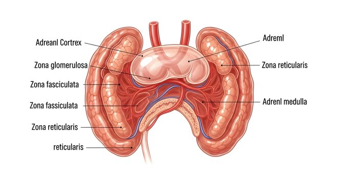 Cross‑sectional illustration of paired adrenal glands atop the kidneys highlighting adrenal cortex, zona glomerulosa, zona fasciculata, zona reticularis, and central medulla with rich vascular connect
