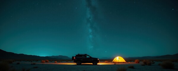 Car and tent sit under starry sky on desert plain. Night camping trip offers peaceful journey and freedom in remote wilderness. Milky Way galaxy visible above.