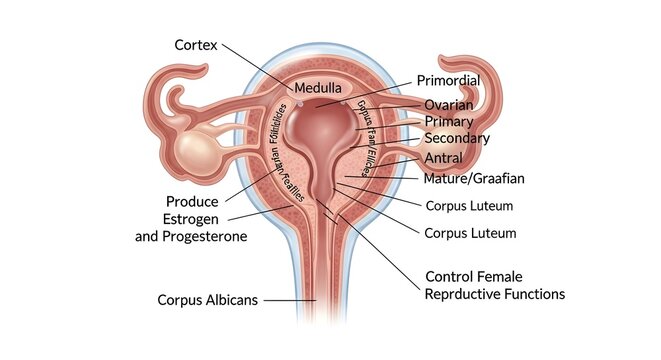 Comprehensive frontal illustration of the female reproductive system showing ovaries, cortex and medulla, follicles at multiple stages, corpus luteum, corpus albicans, and labeled structures that cont