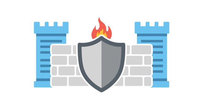 shield with flame between castle towers flat vector illustration