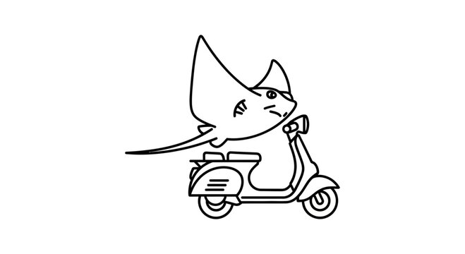 Funny Stingray Riding a Scooter, Cartoon Vector Illustration