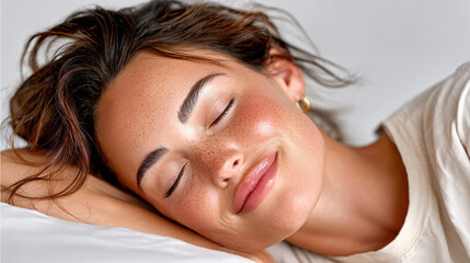 Obraz premium Relaxed woman lying with eyes closed in serene skincare rest pose for wellness banner and spa lifestyle background design