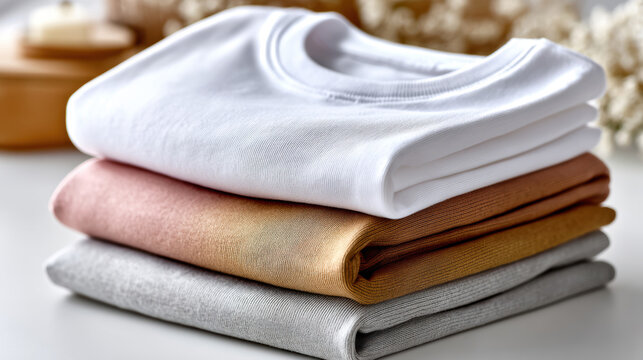 Stack of folded shirts mockup in neutral and pastel colors for retail display and wardrobe product presentation on clean tabletop background