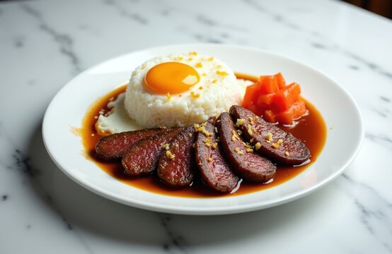 Filipino tapsilog meal served on white plate. Sliced beef tapa, sunny side up egg, garlic fried rice, and chopped tomatoes on marble table. Authentic Asian cuisine for breakfast or lunch.