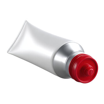 Squeezed toothpaste tube with visible red paste isolated on white background for packaging mockup and product design