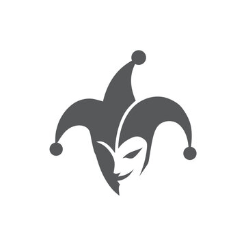 Minimalist jester face vector logo, mysterious joker mask illustration icon, simple medieval clown emblem design isolated on white background