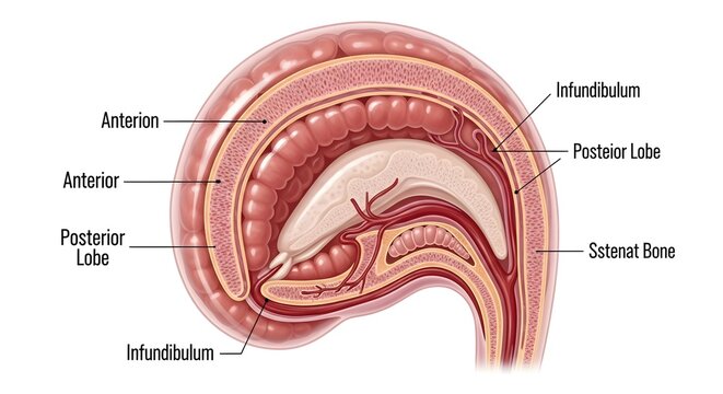 Sagittal section of the brain displaying hypothalamus, pituitary stalk, anterior and posterior pituitary lobes, infundibulum, and sphenoid bone relationships, emphasizing the pituitary&rsquo;s protected pos