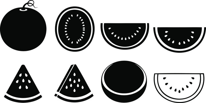 Collection of watermelon slices and whole fruit vector illustration line art.