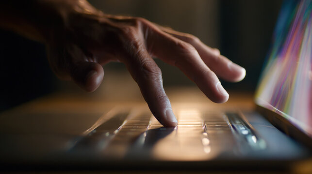 Close-up hand using laptop keyboard and trackpad in low light with cinematic glow. Modern technology, remote work and digital interaction concept with shallow depth of field.