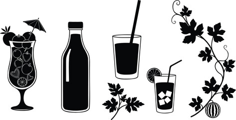 Summer refreshments drinks vector illustration with fruit glass bottle and grape vines. © Silhouette