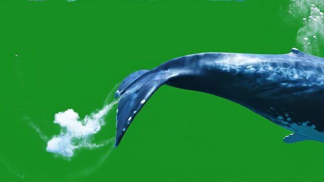 Whale tail underwater with bubbles in green water, marine animal swimming in ocean sea showing humpback whale blue body white markings pectoral fin textured skin natural aquatic environment