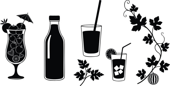 Summer refreshments drinks vector illustration with fruit glass bottle and grape vines.