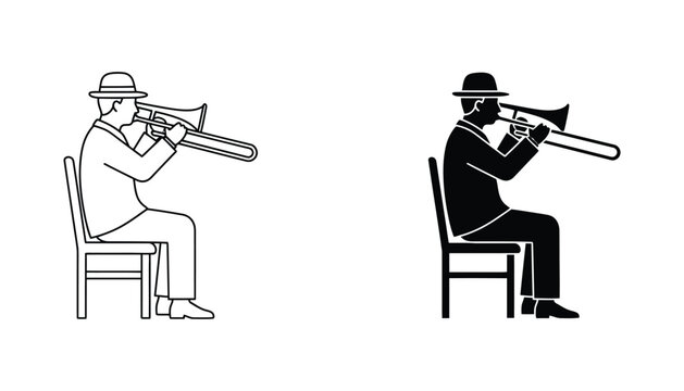 Man sitting on chair playing trombone in musical performance vector set with outline and solid black silhouettes for jazz concert posters and orchestra design graphics