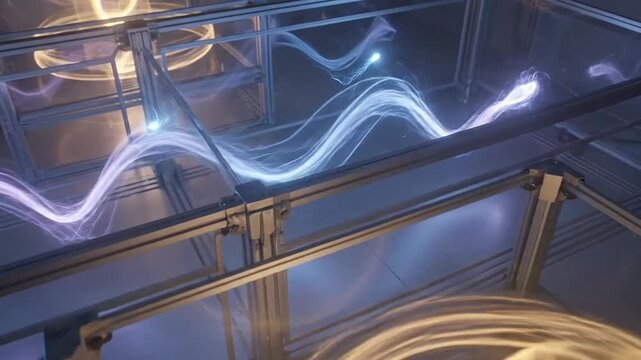 Glowing neon light trail on metal rail.