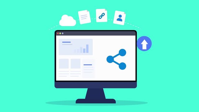 Animated flat dashboard interface featuring file sharing elements, upload action icon, desktop monitor, and modern digital collaboration scene.