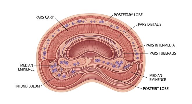 Cross‑section of the pituitary gland highlighting pars distalis, pars intermedia, pars tuberalis, posterior lobe, and median eminence with richly vascularized tissue and hormone‑secreting cells in det