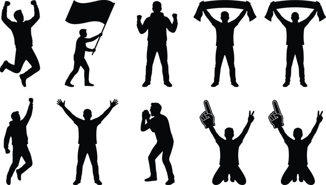 Sports Supporter Silhouette Collection with Victory Celebration Cheering Fans and Stadium Enthusiasm Actions for Entertainment Design Projects