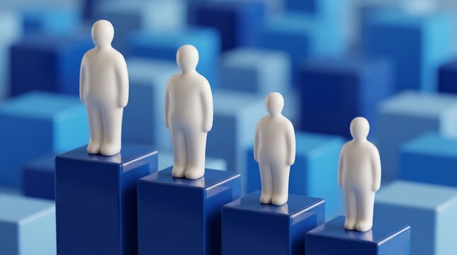 Minimalist white abstract figures standing on blue block pedestals representing hierarchy growth progress advancement professional development corporate ladder stages success improvement.