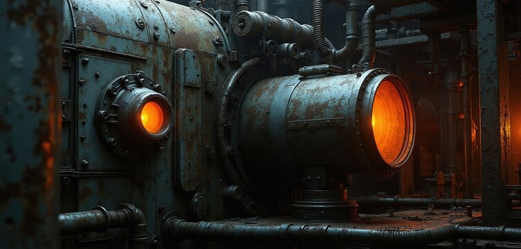 Industrial machinery with rusty metal texture and glowing orange lights. Complex pipes and weathered paneling create a dark, gritty, and mechanical background for sci-fi or engineering concepts.