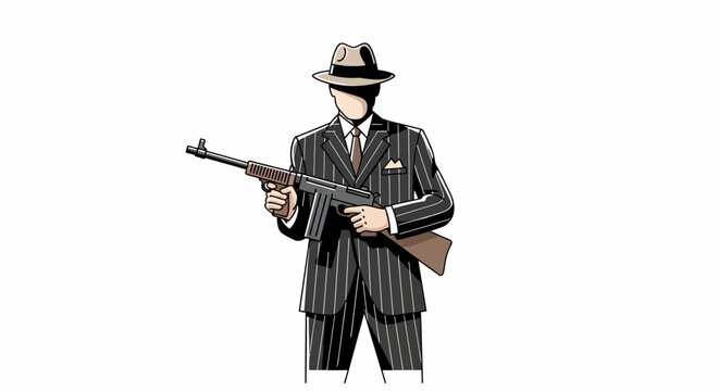 Man in Pinstripe Suit and Fedora Holding a Submachine Gun.