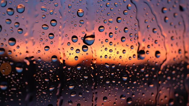 Vibrant sunset sky viewed through wet glass with raindrops