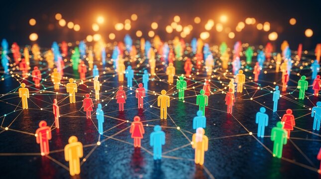 Connected digital community human shapes glowing light threads dark textured background symbolizing global networking social interaction virtual communication data systems concept.