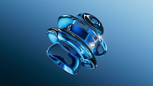 Motion of a glossy blue metallic object with swirling rings floats against a gradient blue background. 3d render animation.