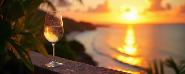 Obraz premium Glass of white wine on balcony at ocean sunset. Tropical foliage frames drink, sun reflects on sea waves. Relaxing vacation mood, evening ambiance, celebratory toast, peaceful seaside.