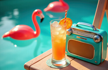 Obraz premium Retro pink flamingo pool float drifts near tall orange cocktail with ice and citrus slice. Vintage aqua radio sits nearby on wooden surface. Bright summer day.