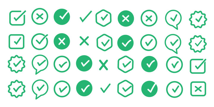 check mark icon button set. check box icon with right and wrong buttons and yes or no checkmark icons in green tick box and red cross. vector illustration .
