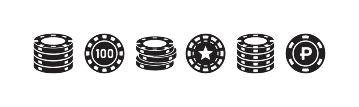 Black and white poker chips with values like 100, a star, and the letter 'P', shown as stacks and individual pieces.