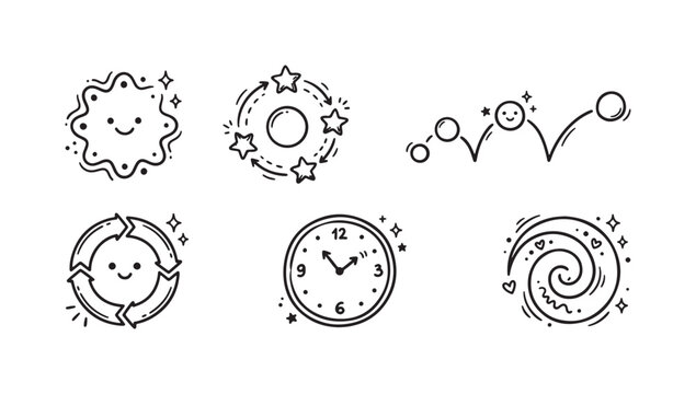 Cute hand-drawn doodle icons set depicting abstract concepts like time, cycle, growth, and joy with happy faces and whimsical elements.
