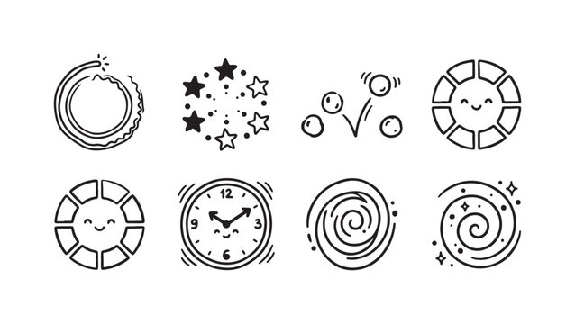 Set of Eight Hand-Drawn Doodle Icons Featuring Rings, Stars, Bouncing Balls, Clocks, and Spirals