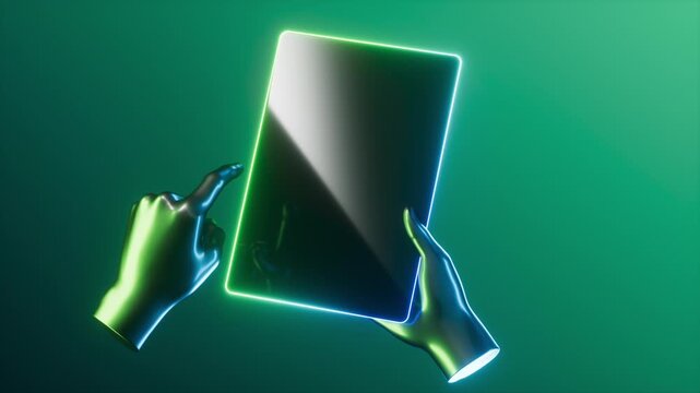 3d hands operate a blank tablet. Finger tapping generates luminous waves pulsing from the touch point, visualizing feedback on a green-cyan digital screen. Futuristic 3d animation