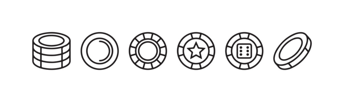Set of outline casino chip icons including a stack of three, a plain chip, a star chip, a chip with six dots, and a tilted chip.