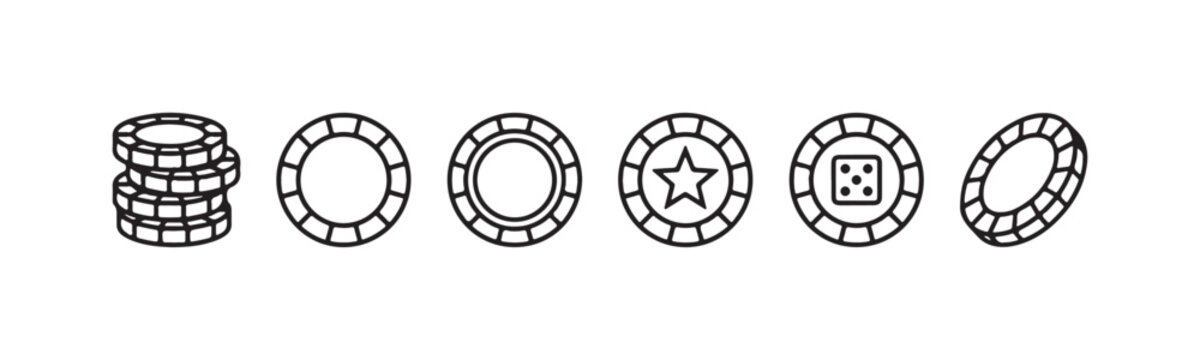 Set of outline casino chip icons including a stack of four, a plain chip, a star chip, a chip with a single dice, and a tilted chip.