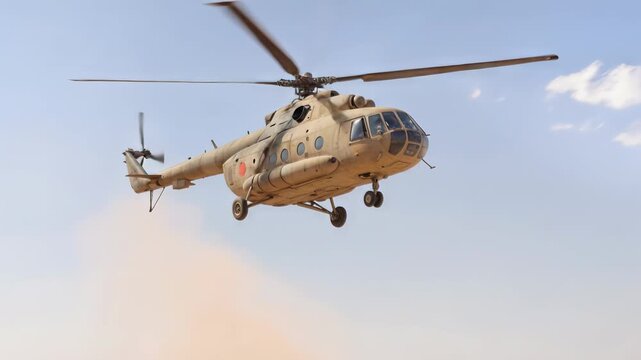 Transport helicopter taking off from desert outpost. Military aviation concept in arid environment. Panning shot.
