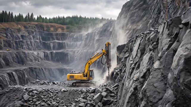 Yellow hydraulic drilling machine boring into rock face at open-pit mine. Industrial excavation and resource extraction in deep stone quarry. Panning wide shot.
