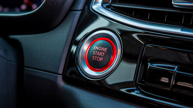Modern car engine start button with illuminated ignition control