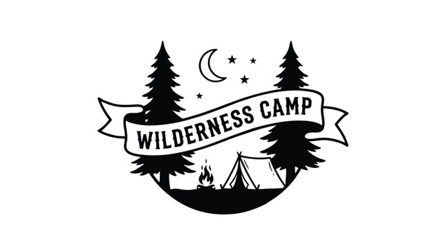 Black and white wilderness camp logo with pine trees, moon, stars, tent, and campfire, perfect for outdoor adventure branding.