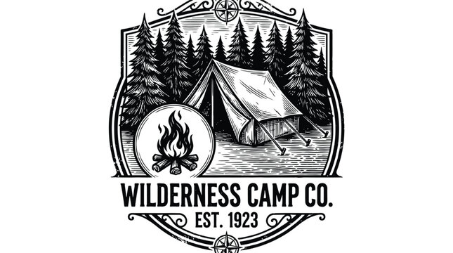 Vintage black and white logo for Wilderness Camp Co. featuring a tent, pine trees, and a campfire in a forest setting, with an established date of 1923.