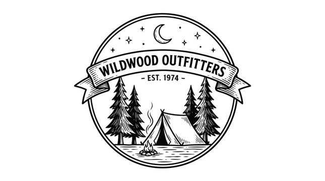 A vintage-style black and white circular logo for Wildwood Outfitters, featuring a camping scene with a tent, campfire, pine trees, moon, and stars.
