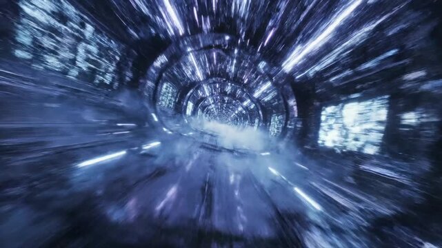 Tunnel of light streaks through a futuristic digital vortex representing high speed data transmission and advanced cybernetic connectivity in a virtual reality environment.