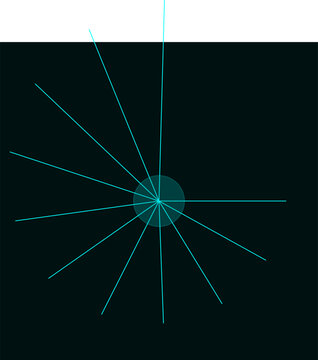 Abstract teal geometric lines radiating from a central circular focal point on dark background illustration