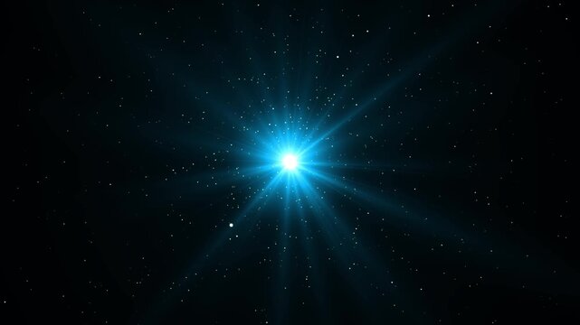 Abstract blue glitter stars flying with shimmering light flare, luxury holiday bokeh particles, sparkling dust rays and festive christmas new year social media motion background design 4K