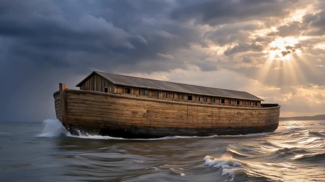 Noah's Ark afloat on stormy seas beneath dramatic clouds and sunbeams, a large wooden vessel from the Book of Genesis representing survival, faith, and biblical flood narrative.